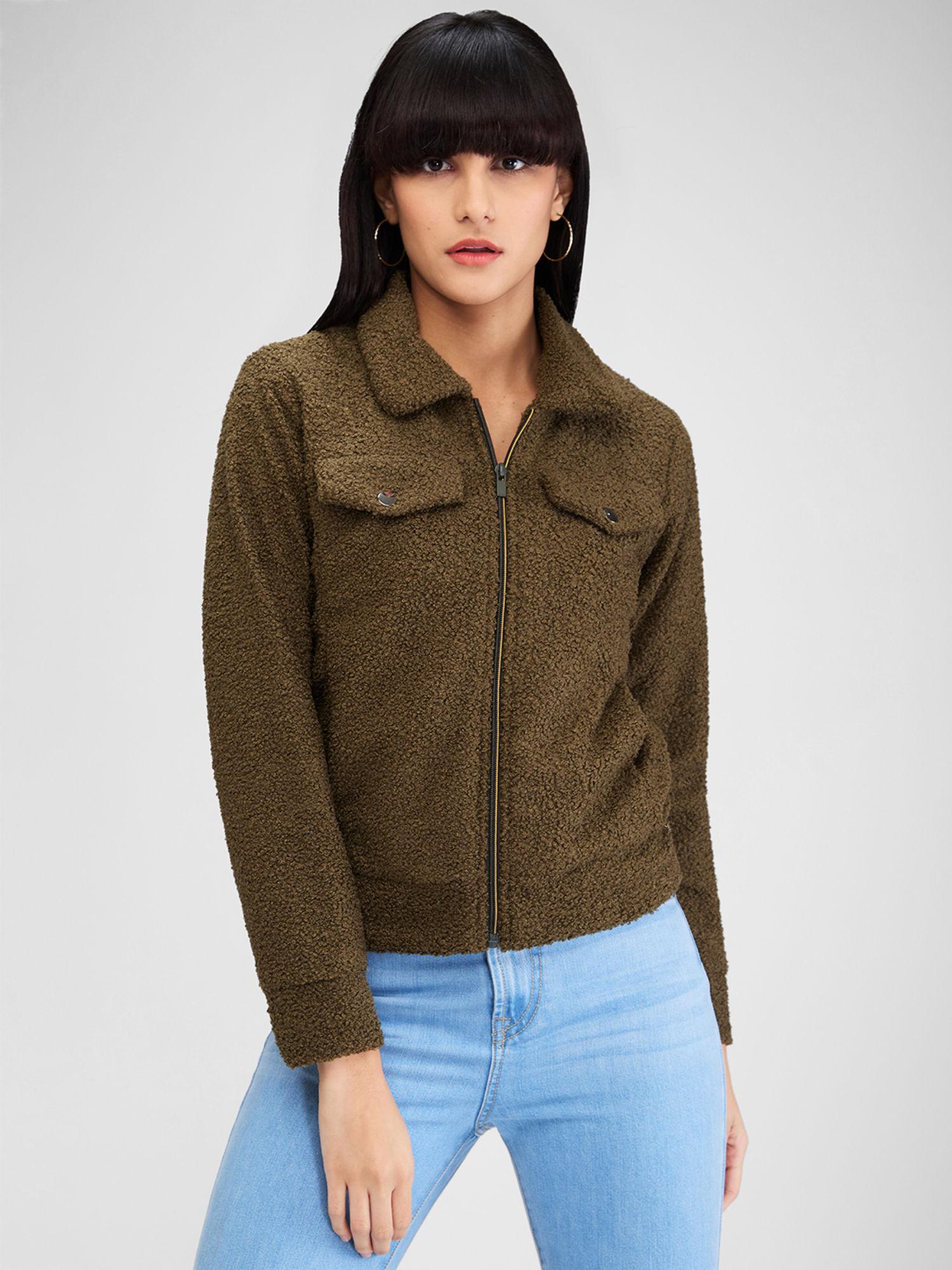 olive full sleeves solid jacket