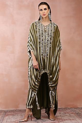 olive georgette embroidered high-low kaftan set