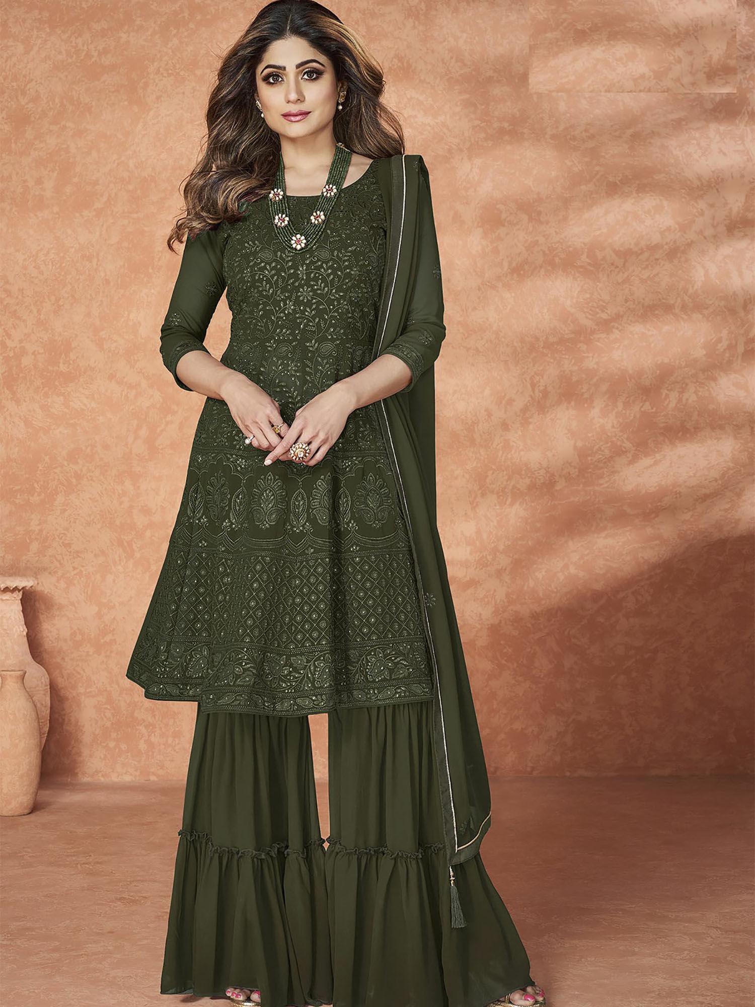 olive georgette embroidered pakistani semi stitched dress material (set of 3)