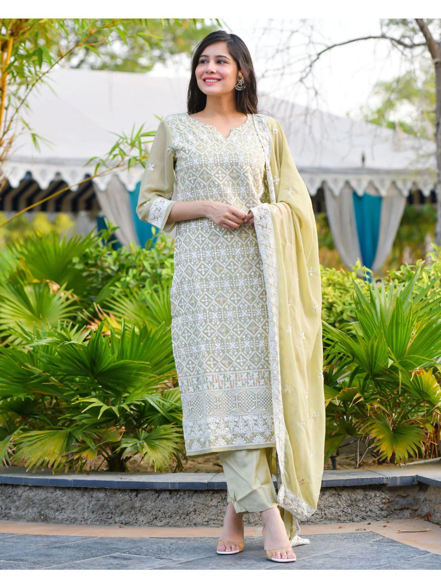 olive georgette kurta set with embroidery (set of 3)