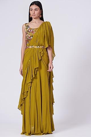 olive georgette ruffled saree set