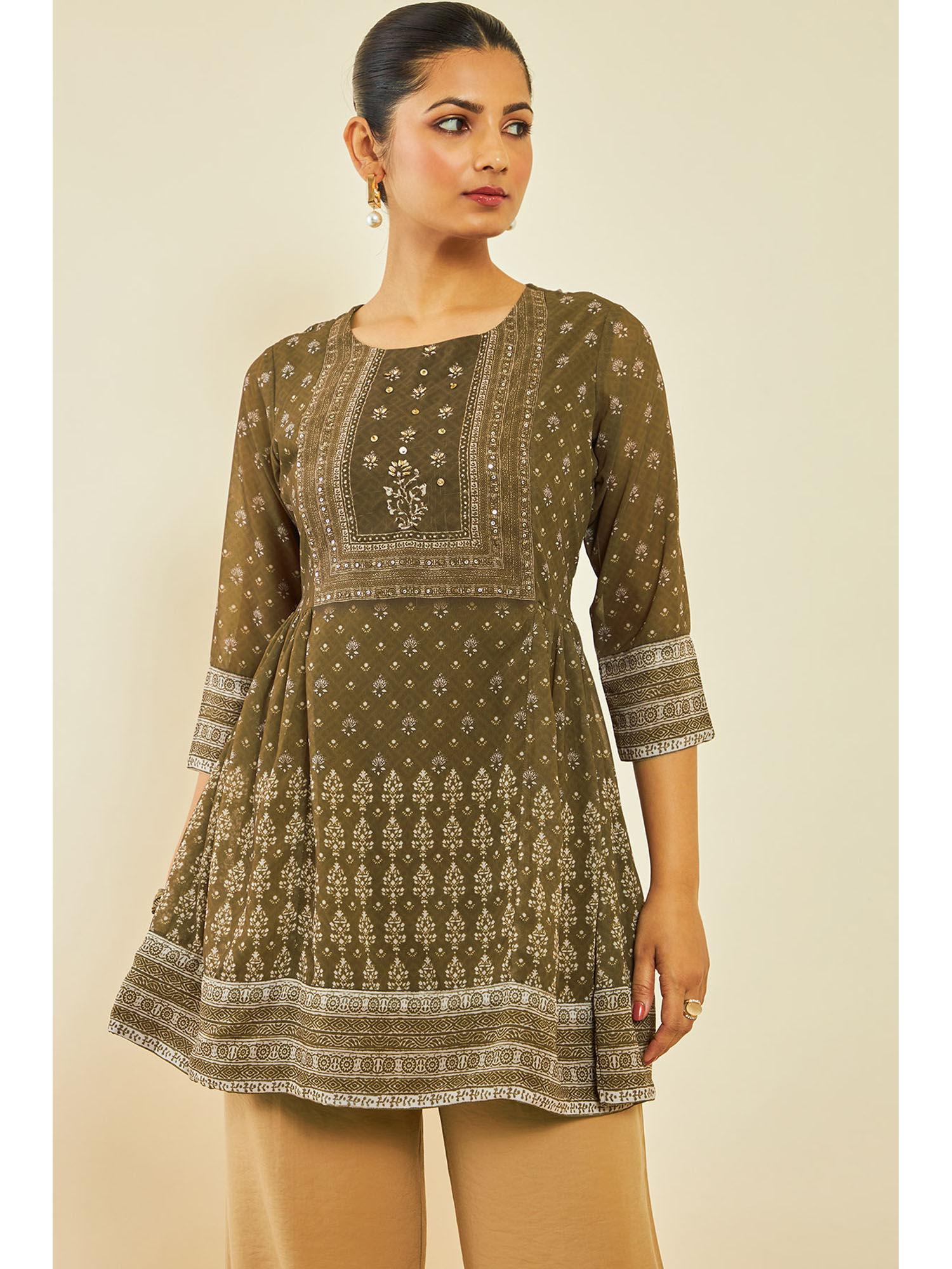 olive georgette tunic with ethnic print and embellishments