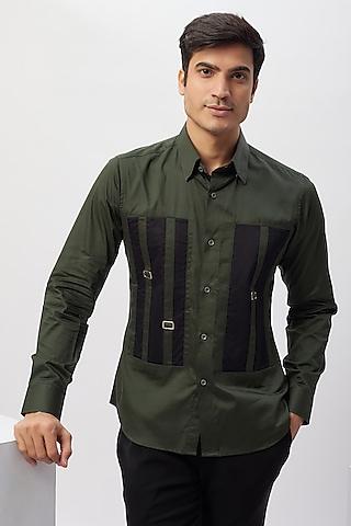 olive green & black cotton patchwork shirt