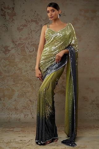 olive green & blue georgette sequins embroidered textured ombre saree set