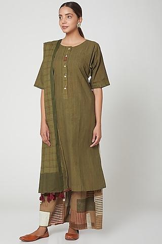 olive green & brown handblock printed kurta set