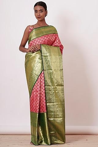 olive green & coral pink embroidered handwoven saree set
