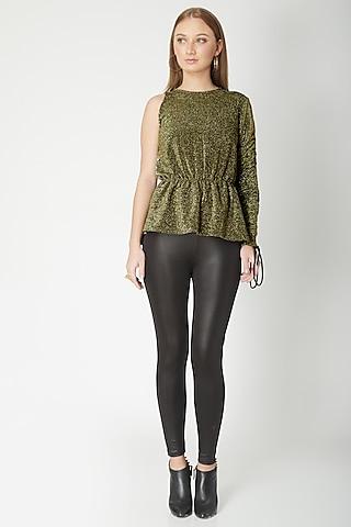 olive green & gold peplum top with puffy sleeve