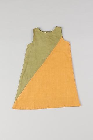 olive green & mustard color blocked dress for girls