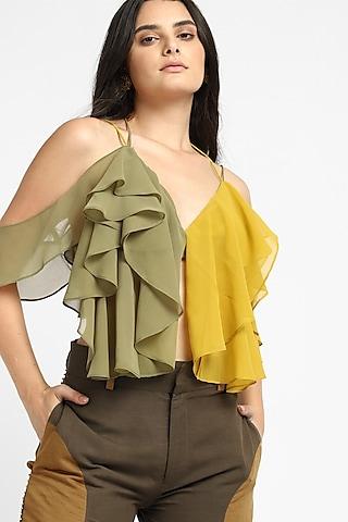 olive green & yellow georgette frilled top