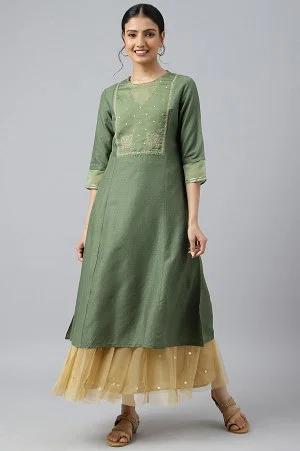 olive green a-line embroidered kurta with sequins