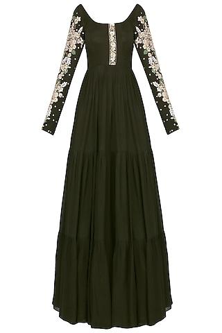 olive green and ivory embroidered anarkali set