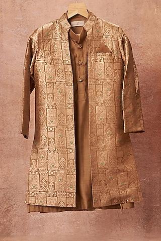 olive green banarasi silk achkan jacket with kurta set for boys