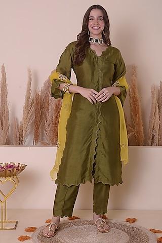 olive green bemberg silk kurta set