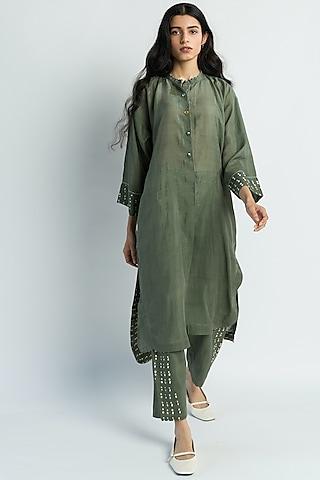 olive green block printed tunic set