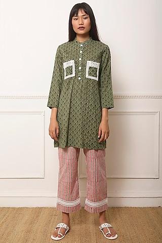 olive green block printed tunic with pants