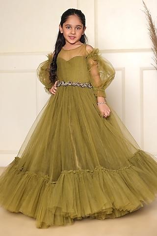 olive green butterfly net gown with belt for girls