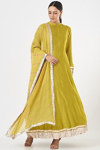 olive green chanderi anarkali set