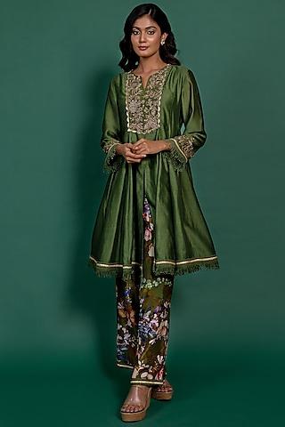 olive green chanderi embellished kalidar kurta set