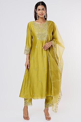 olive green chanderi embroidered kurta set