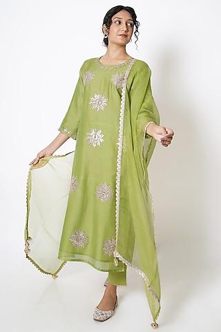 olive green chanderi floral gota embroidered kurta set