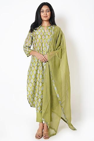 olive green chanderi floral motif printed kurta set