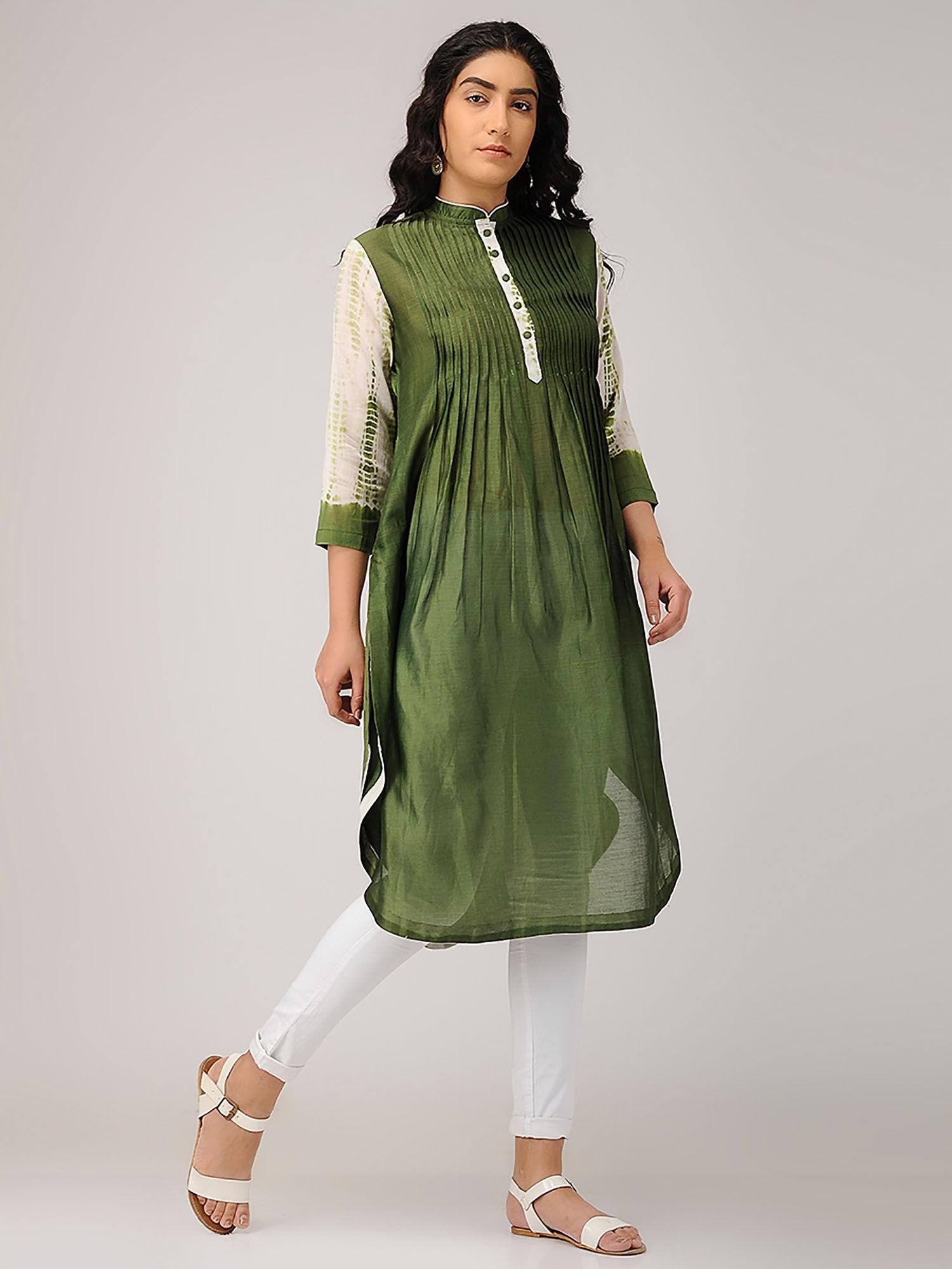 olive green chanderi front placket tunic with three fourth sleeves in shibori