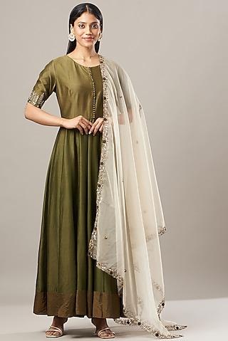 olive green chanderi silk anarkali set