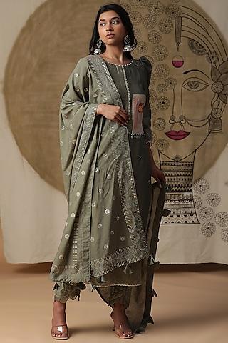 olive green chanderi silk hand painted kurta set