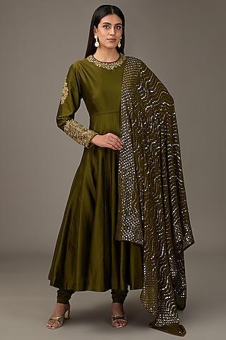 olive green chanderi silk zardosi work anarkali set