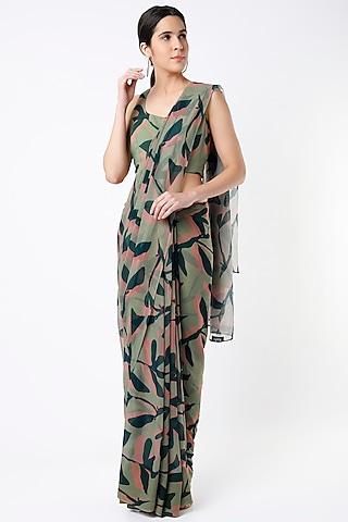 olive green chiffon digital printed saree