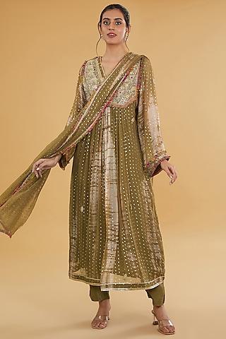 olive green chiffon mirror embroidered tie & dye kurta set