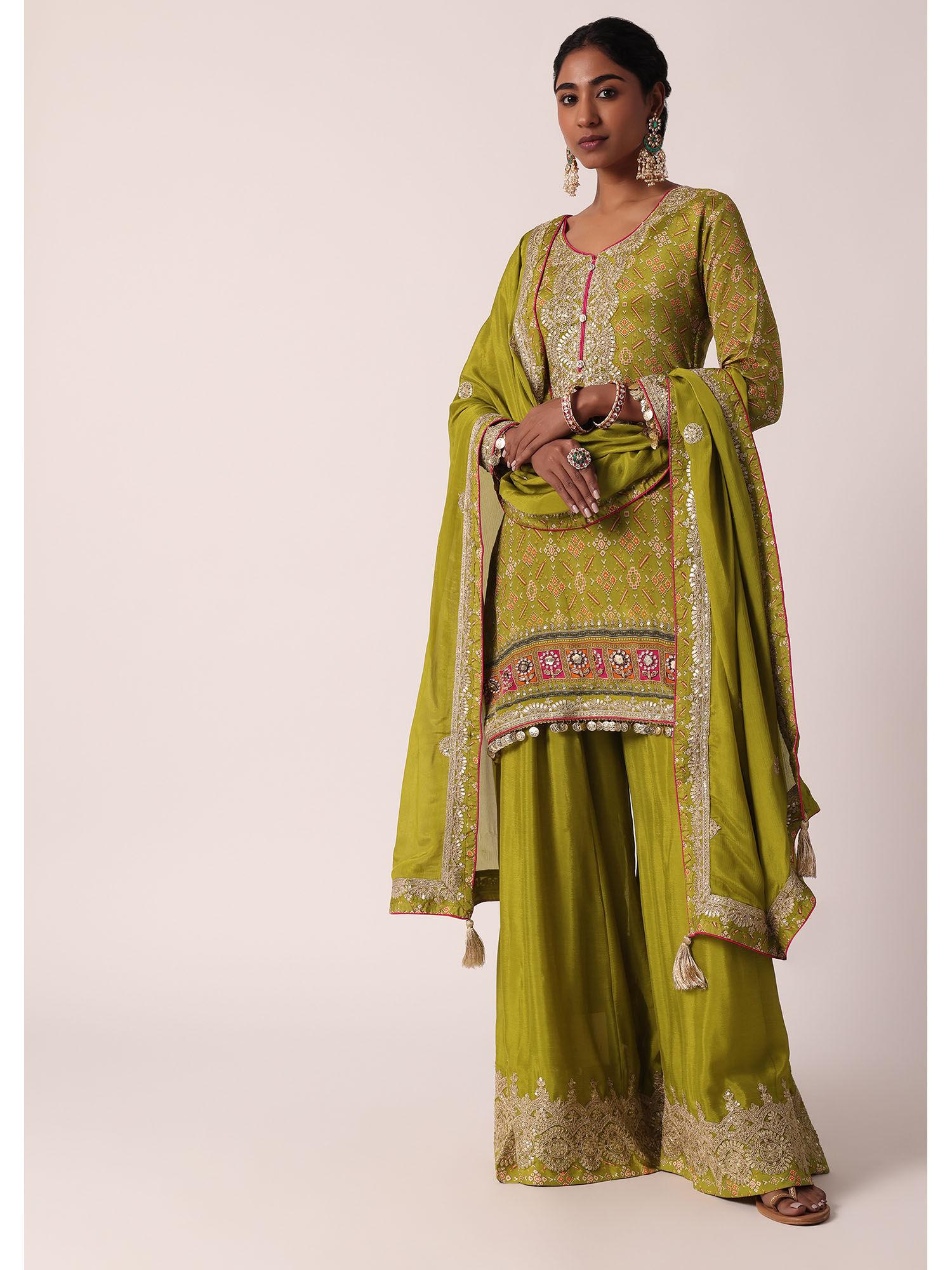 olive green chiffon printed palazzo with kurta & dupatta sequin work (set of 3)