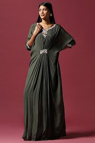 olive green chiffon sequins embroidered draped gown