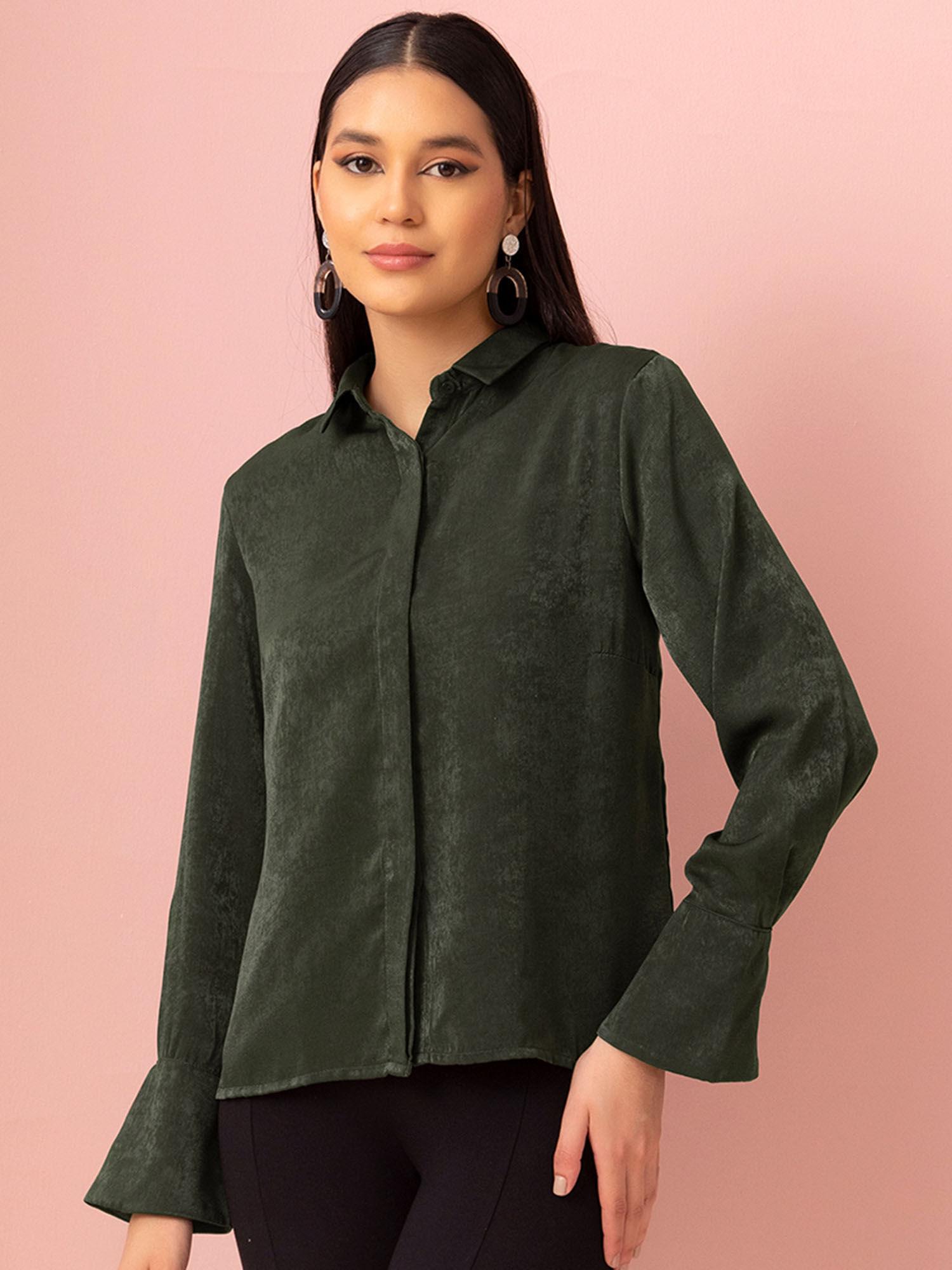 olive green collared satin shirt