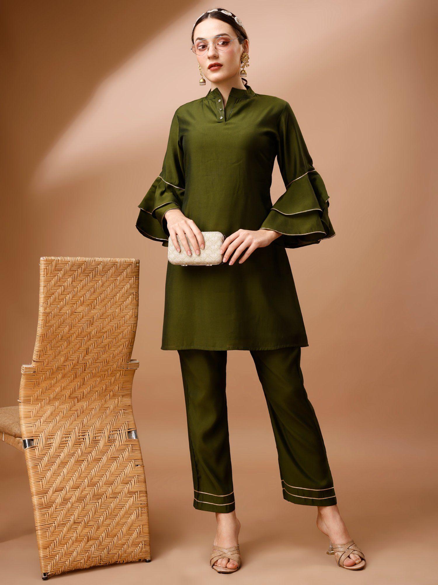 olive green colour tiered sleeves and gota patti work co-ord (set of 2)