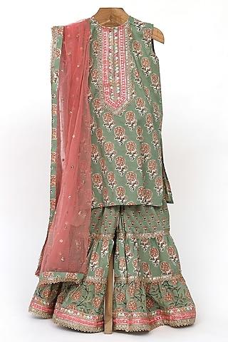 olive green cotton block printed sharara set for girls