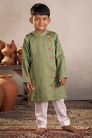 olive green cotton boota hand embroidered kurta set for boys