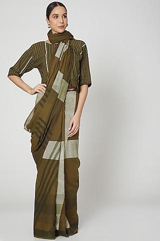 olive green cotton geometric handblock printed saree set