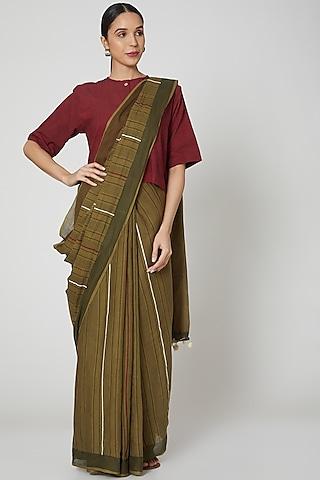 olive green cotton handblock printed saree set