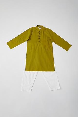 olive green cotton kurta set for boys