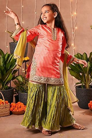 olive green cotton silk & cotton voile sharara set for girls