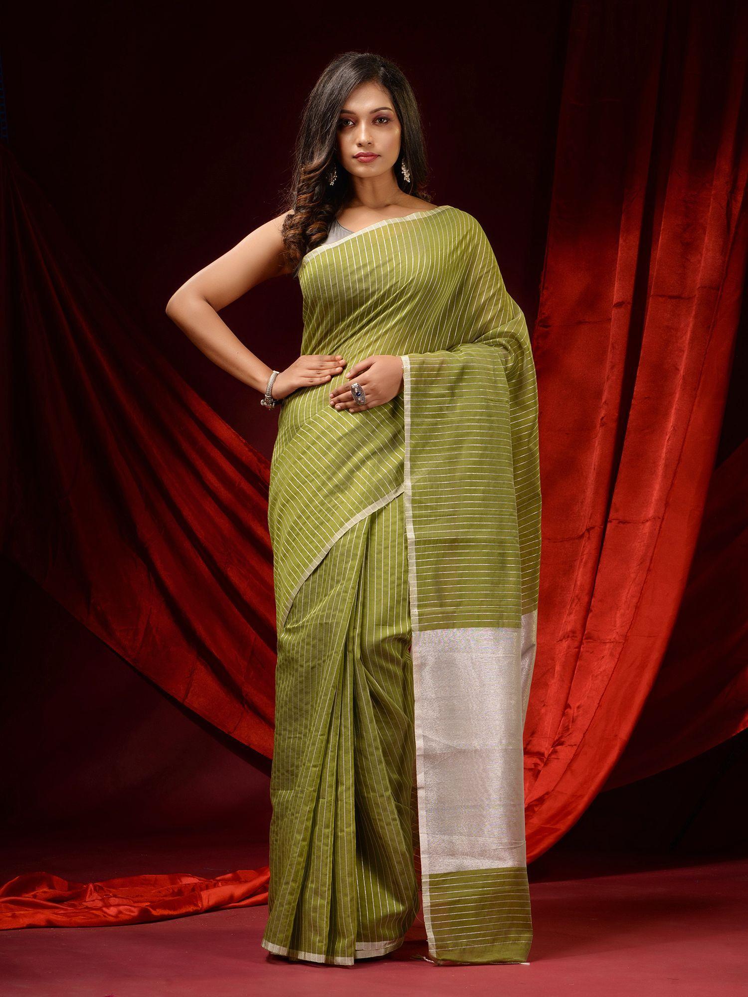 olive green cotton silk handwoven zari stripes & zari pallu saree with unstitched blouse