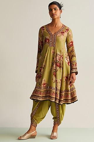 olive green cotton silk printed anarkali set