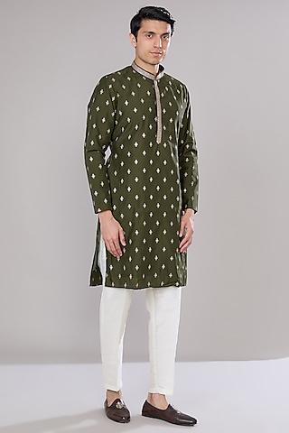 olive green cotton silk resham & thread embroidered kurta set