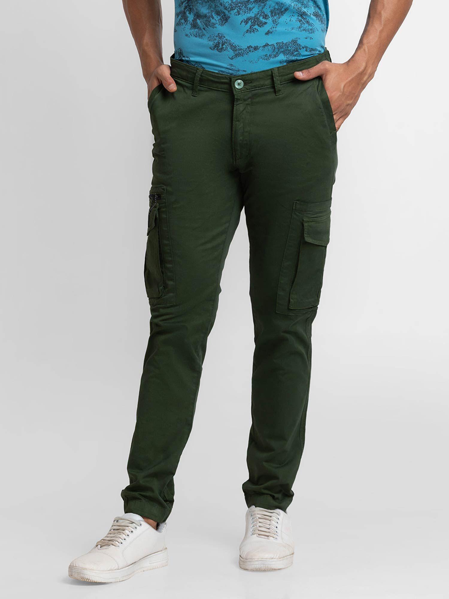 olive green cotton slim fit regular length trousers for men