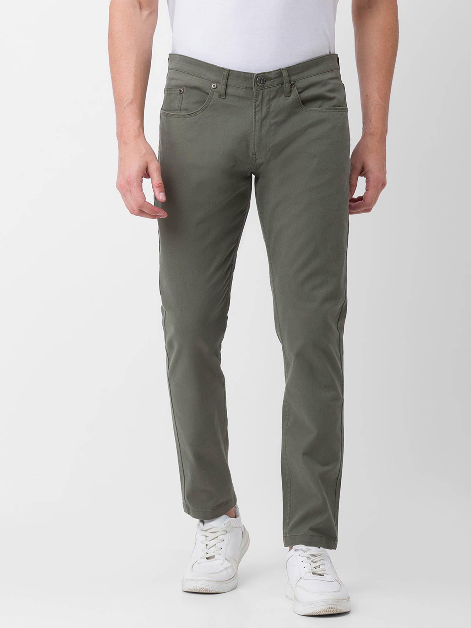 olive green cotton slim fit tapered length trousers for men