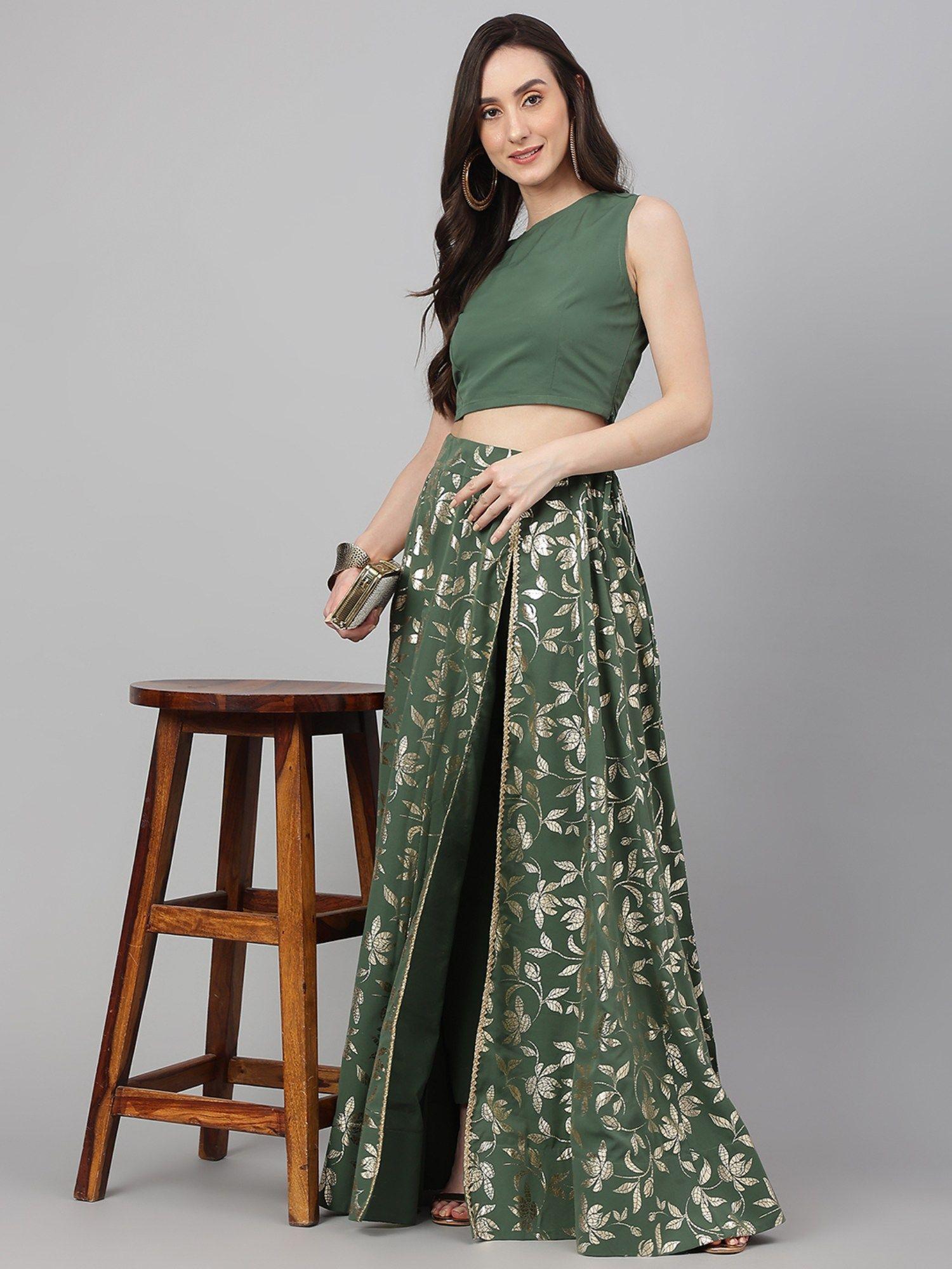 olive green crepe solid lehenga choli with pant