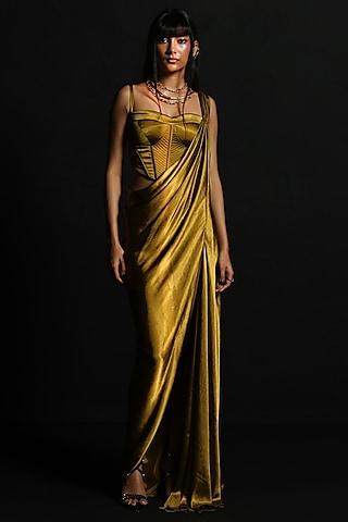 olive green crinkled satin draped saree set