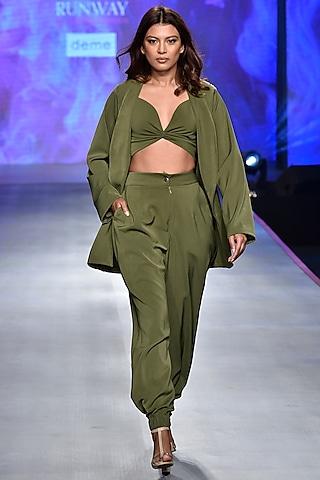 olive green crossover crop top with blazer & pants