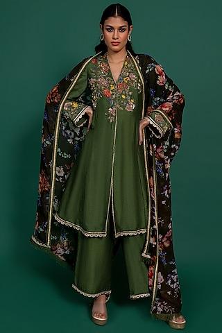 olive green dupion embroidered kurta set